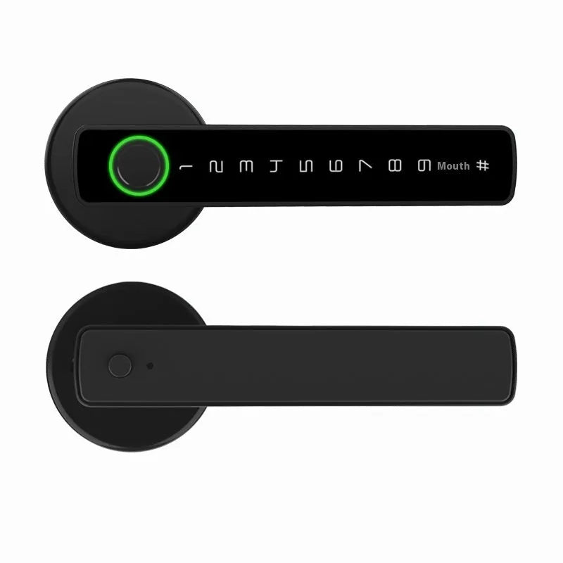 Black smart door lock with spherical handle for wooden doors featuring fingerprint and password access