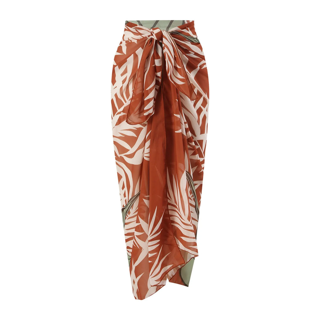 Women's high-waisted push-up bikini with chiffon split skirt in black, brown or green