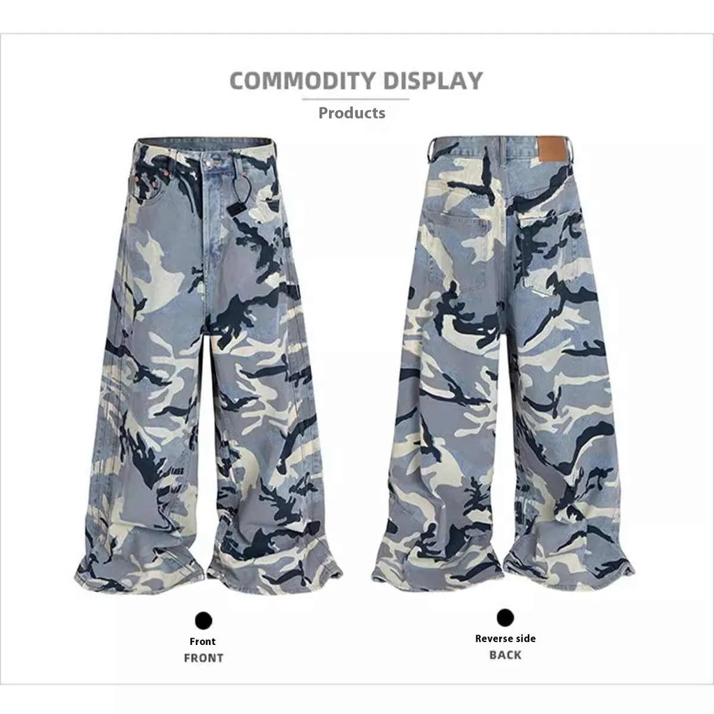 Snow camouflage blue loose fit jeans with cotton elastic denim construction and mid-waist design