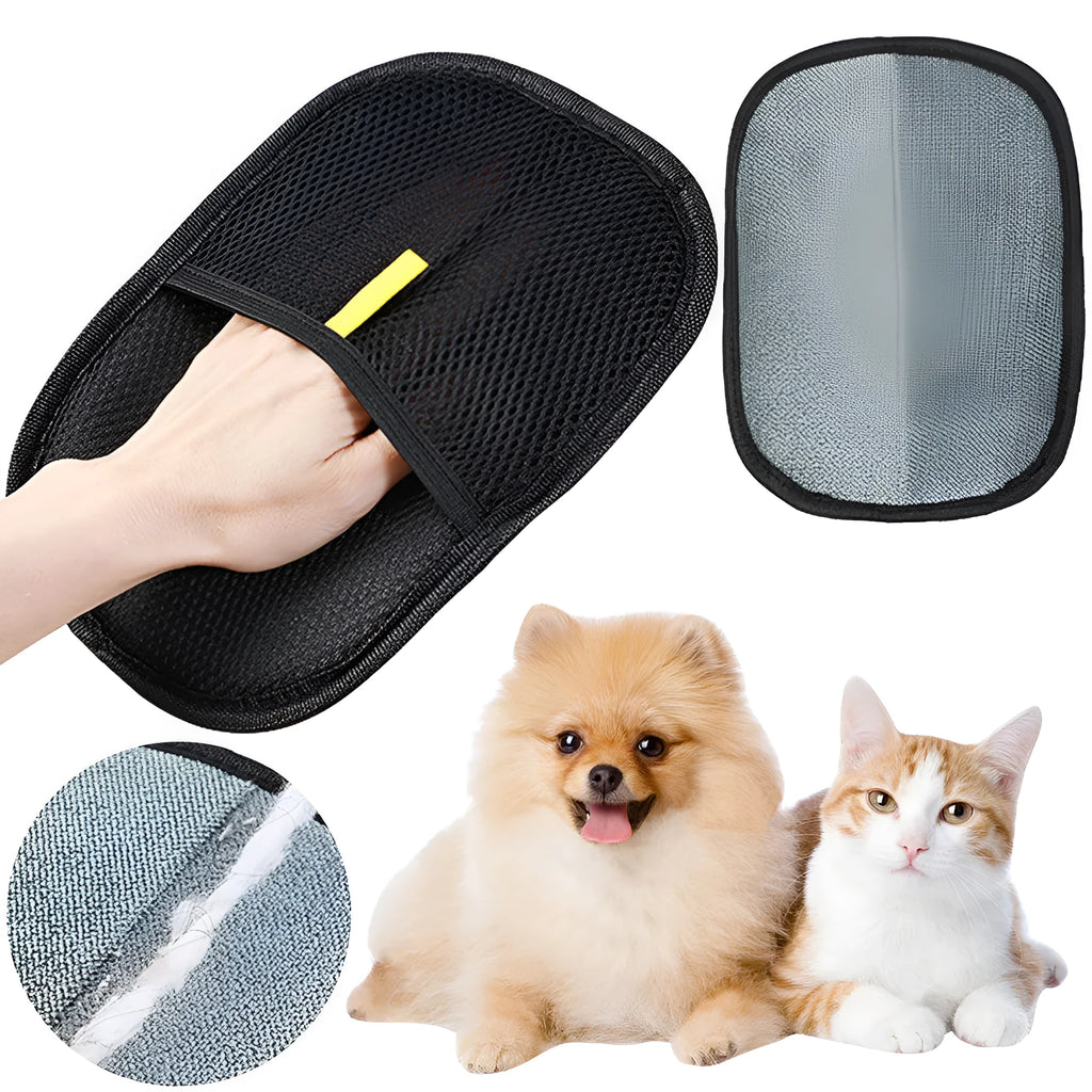 Black pet hair removal glove with silicone bristles for dog and cat grooming measuring 24 by 16 cm