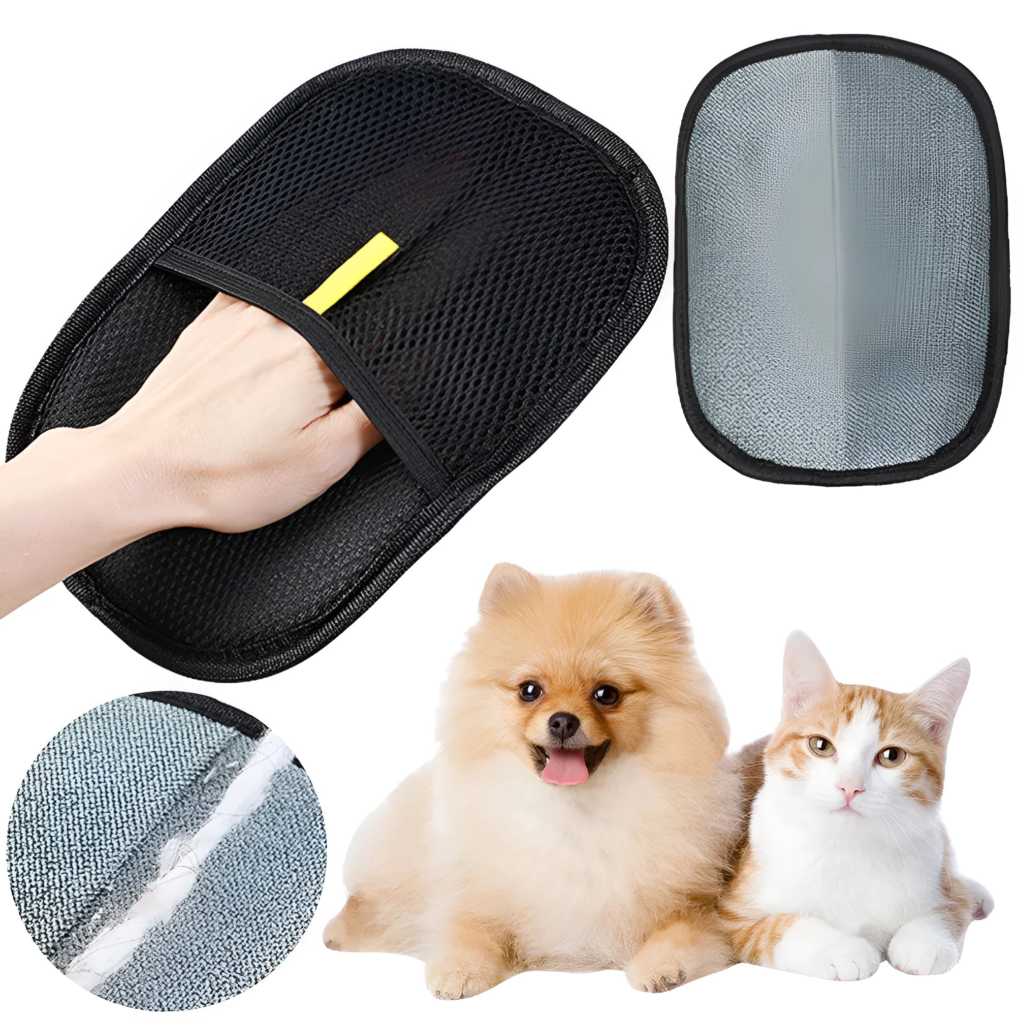 Black pet hair removal glove with silicone bristles for dog and cat grooming measuring 24 by 16 cm