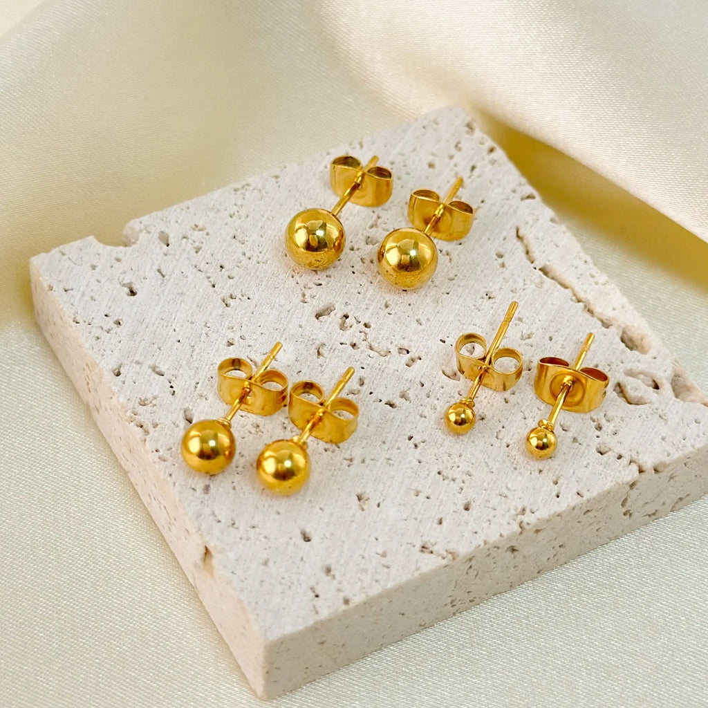 Titanium steel ball stud earrings with gold or silver electroplated finish in 3mm, 4mm, 5mm, 6mm sizes