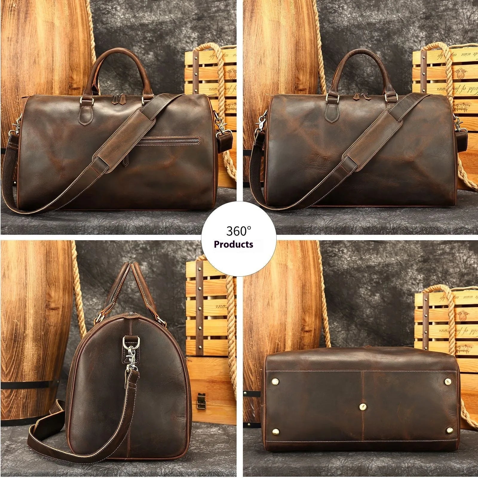 Men's large genuine leather crossbody bag in brown shown with dimensions