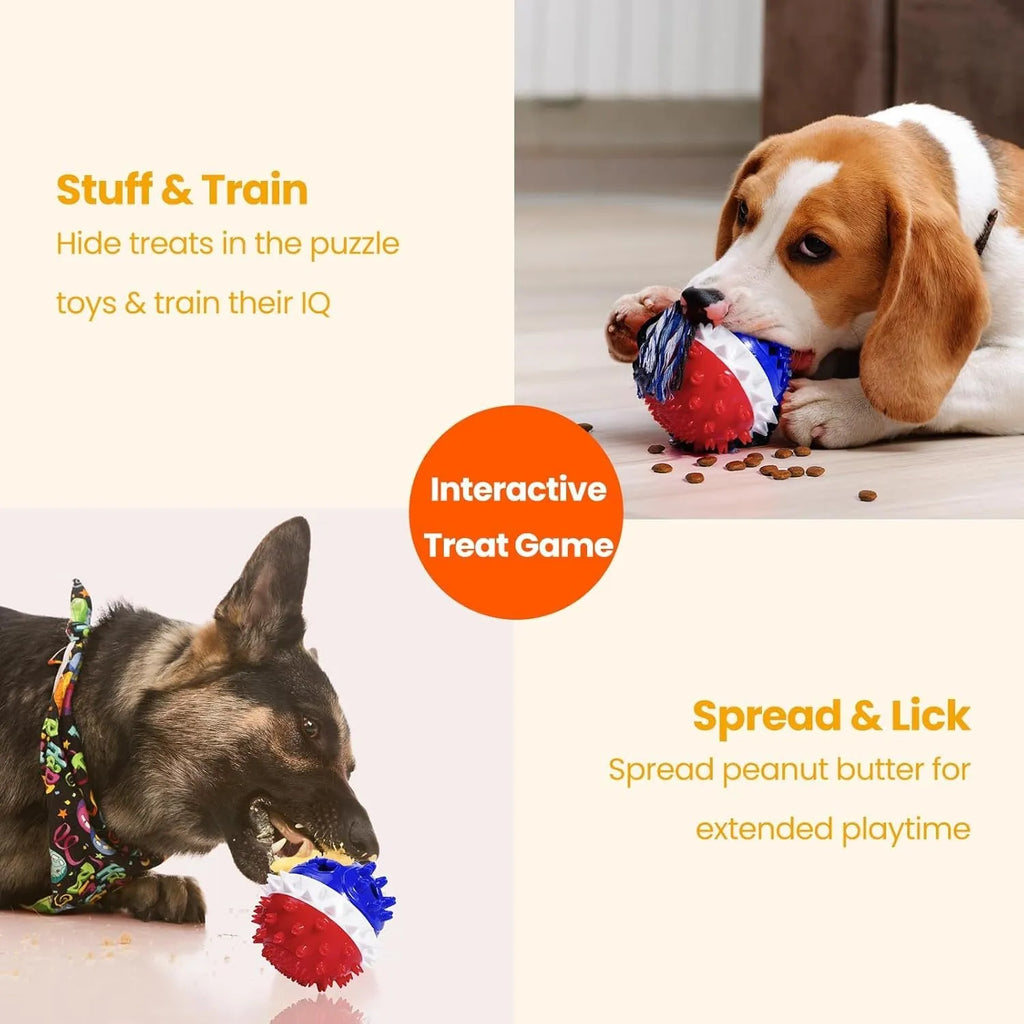 Blue and red TPR rubber squeaky dog ball toy with treat dispenser hole, for large aggressive chewers.