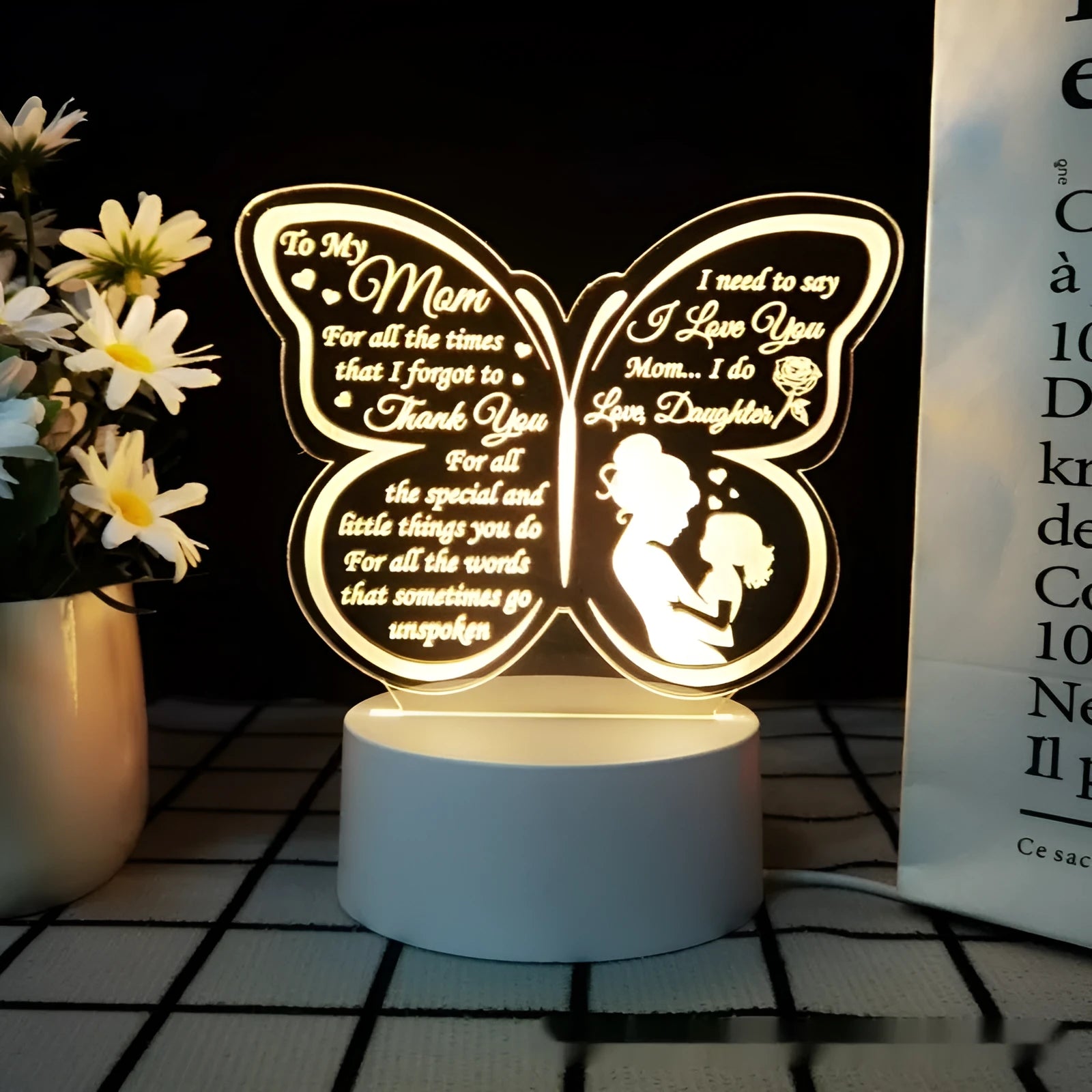 White heart-shaped table lamp with acrylic shade and touch switch on wooden desk