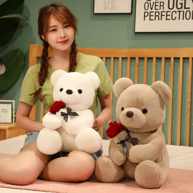 Rose teddy bear plush pillow stuffed animal doll in beige, brown or grey colours, shown in 23cm to 45cm sizes.