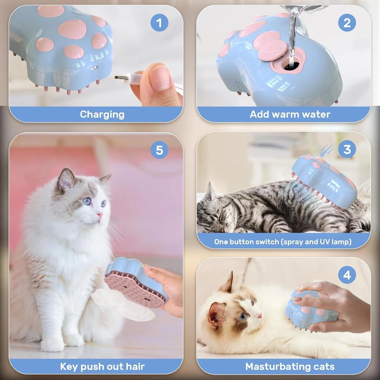 Self-cleaning cat steam brush with silicone bristles and rechargeable spray in blue colour