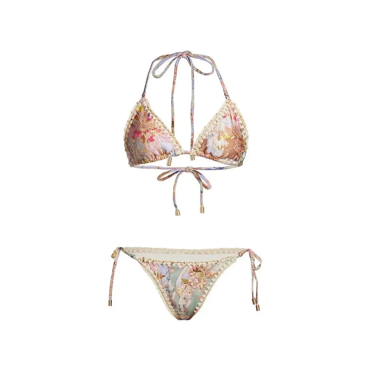Women's floral print bikini set with skirt cover-up in creamy-white beige colour