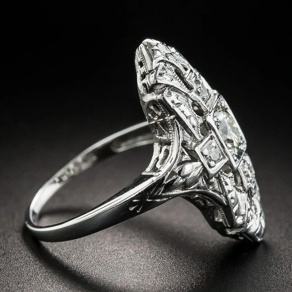 Silver geometric hollow-out ring with diamond studs on copper electroplated band