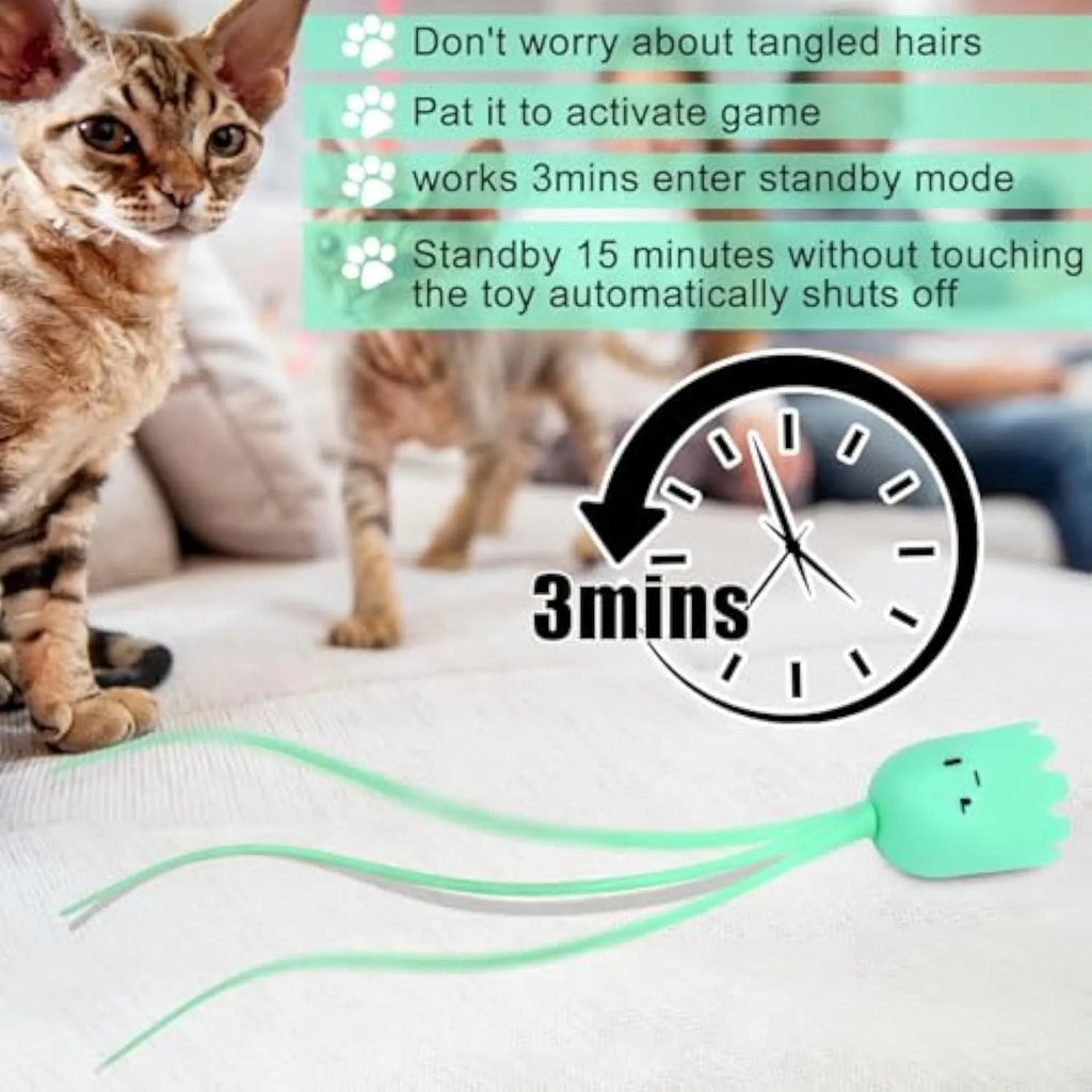Green electronic cat wand toy with swinging silicone tails for indoor cat play
