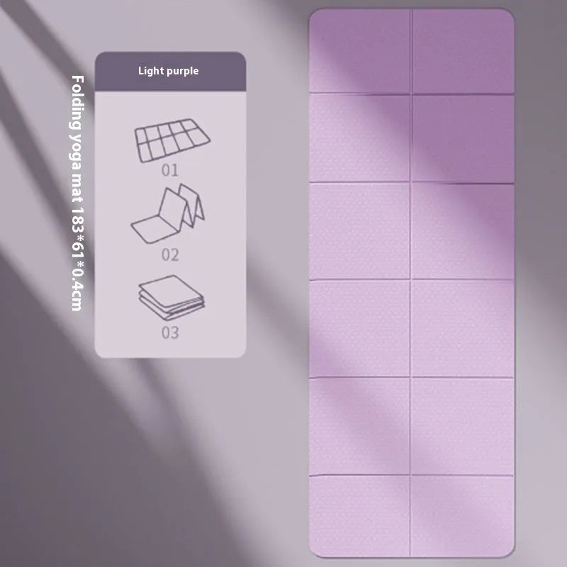 Purple TPE folding gymnastic mat, shown open and folded, on a wooden floor.
