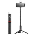Aluminium alloy Bluetooth selfie stick with fill light extended to 765mm showing remote control and LED light head