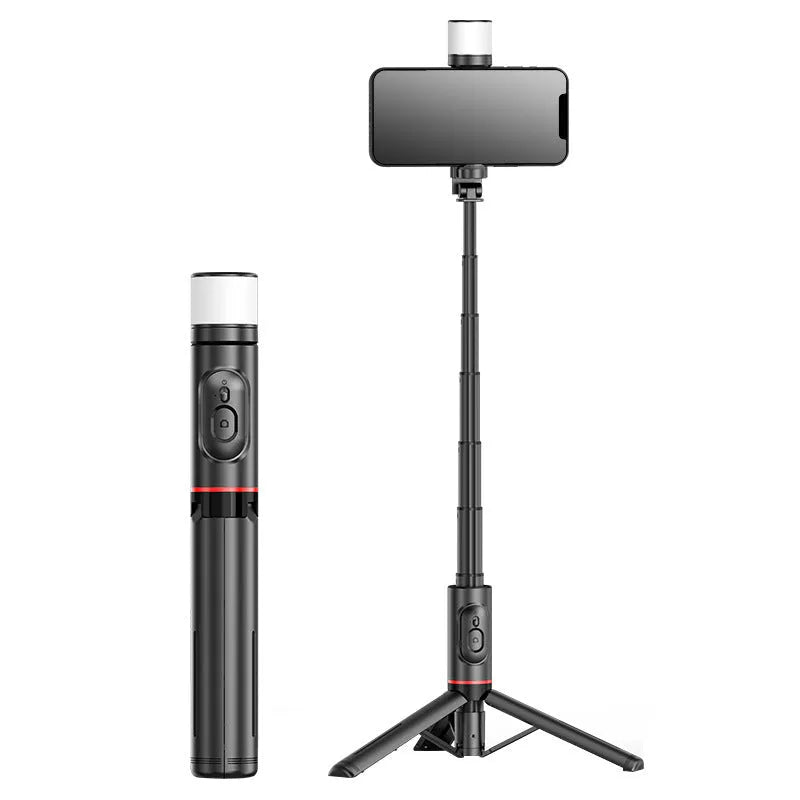 Aluminium alloy Bluetooth selfie stick with fill light extended to 765mm showing remote control and LED light head