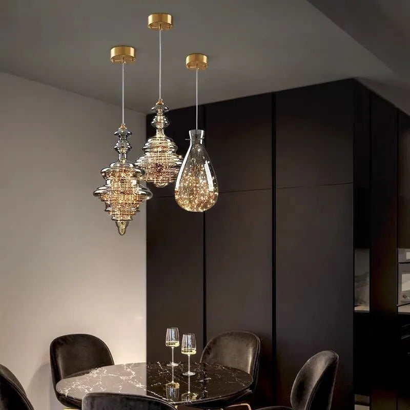 Modern glass ceiling droplight with adjustable height and remote control for LED lighting