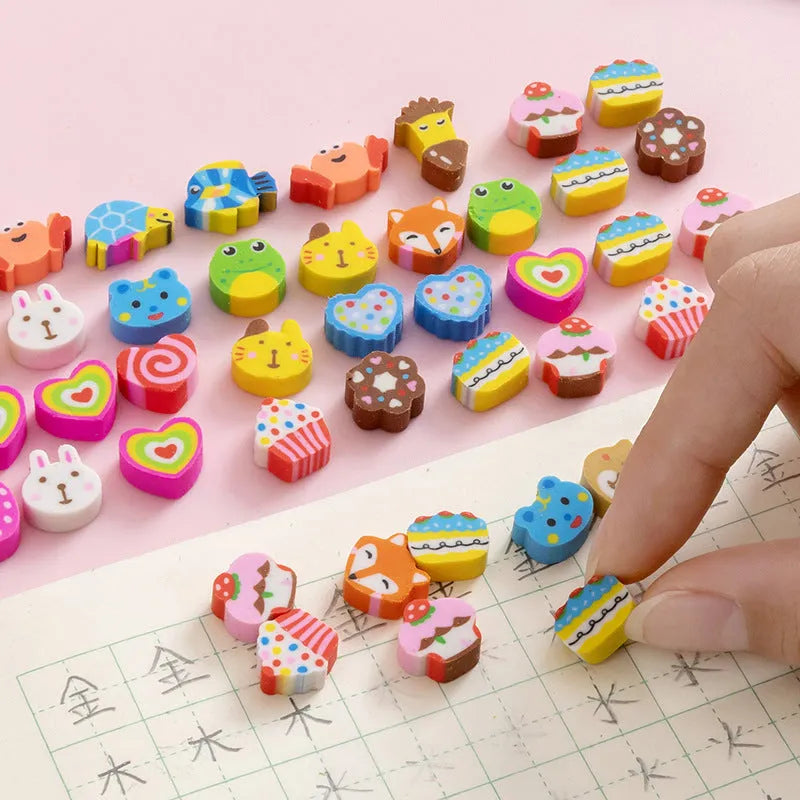 50 small cartoon fruit and animal themed rubber erasers in a pearlescent bag.