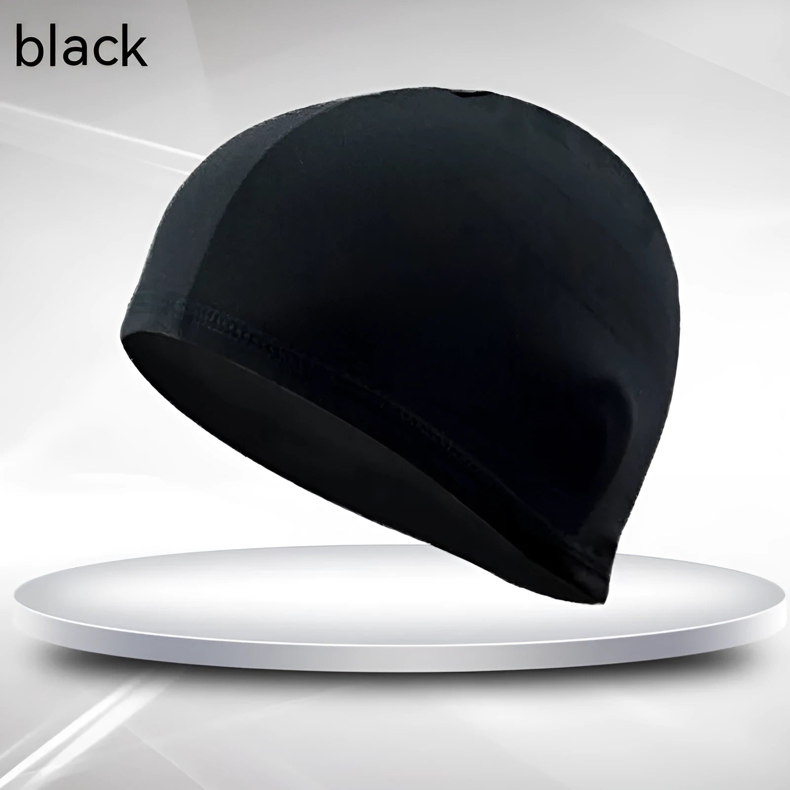Black unisex adult cloth swim cap made from polyester fabric.