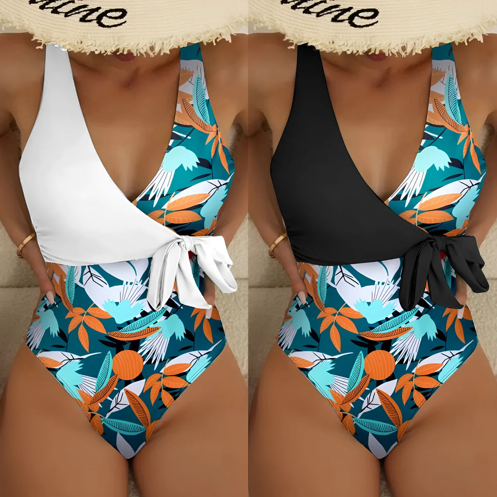 Women's high waist one-piece swimsuit with printed pattern in quick-drying polyester fabric