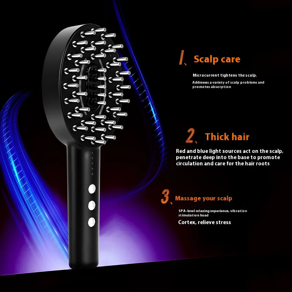 Black handheld scalp massage device with adjustable vibration settings and USB charging port