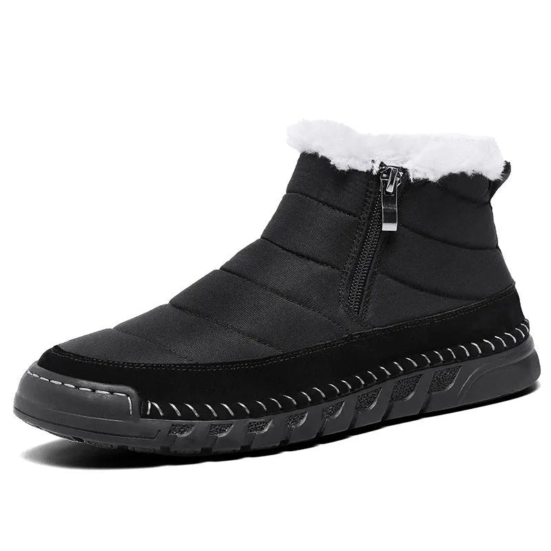 Men's plus size snow boot in blue with round toe, flat heel, and non-slip rubber sole