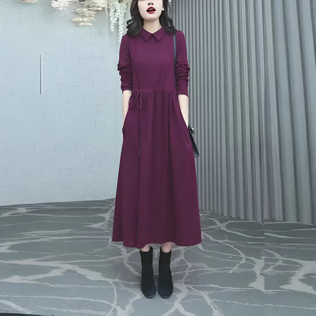 Purplish red women's long sleeve dress with extra long sleeves and long skirt, plus size options