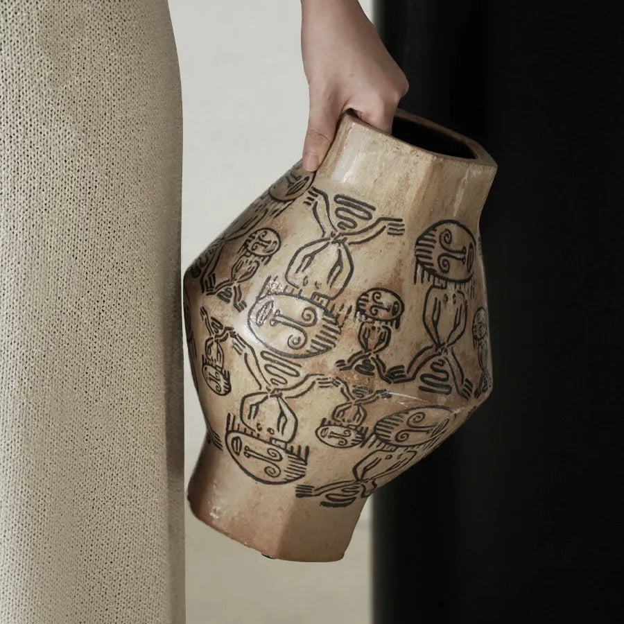 Hand-painted ceramic cylindrical table vase with vintage carved art and tribal totem flower patterns