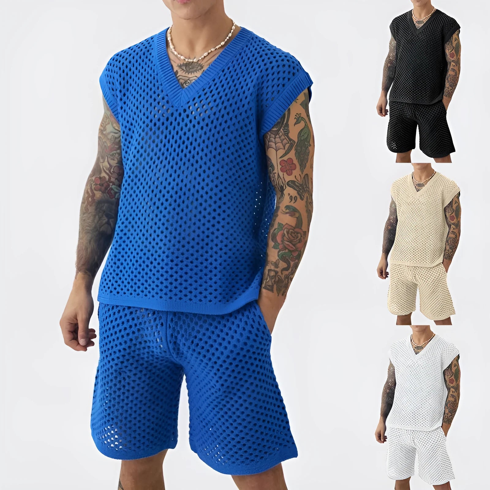 Men's blue cotton polyester vest shorts set for sports with v-neck sleeveless top