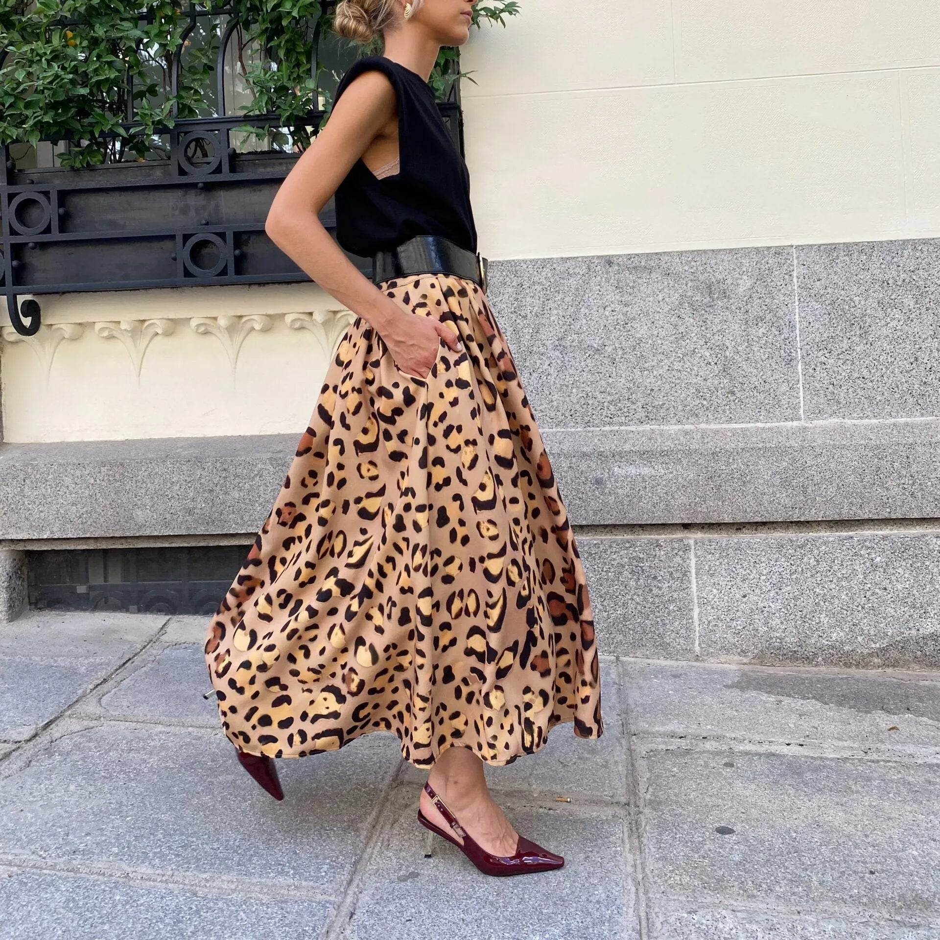 Brown leopard print women's A-line long skirt with big hem design on inelastic polyester fabric