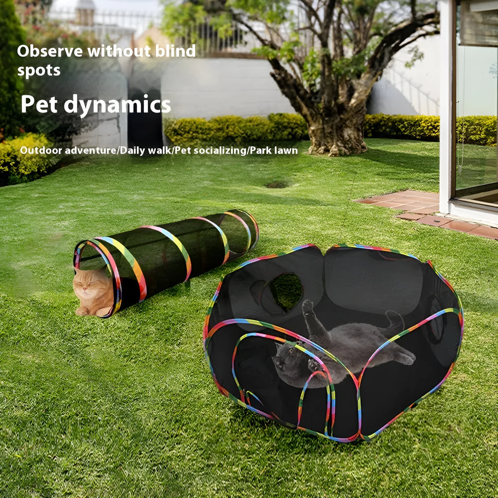 Foldable mesh cat roll cage toy showing multiple tunnel design options for indoor cat play