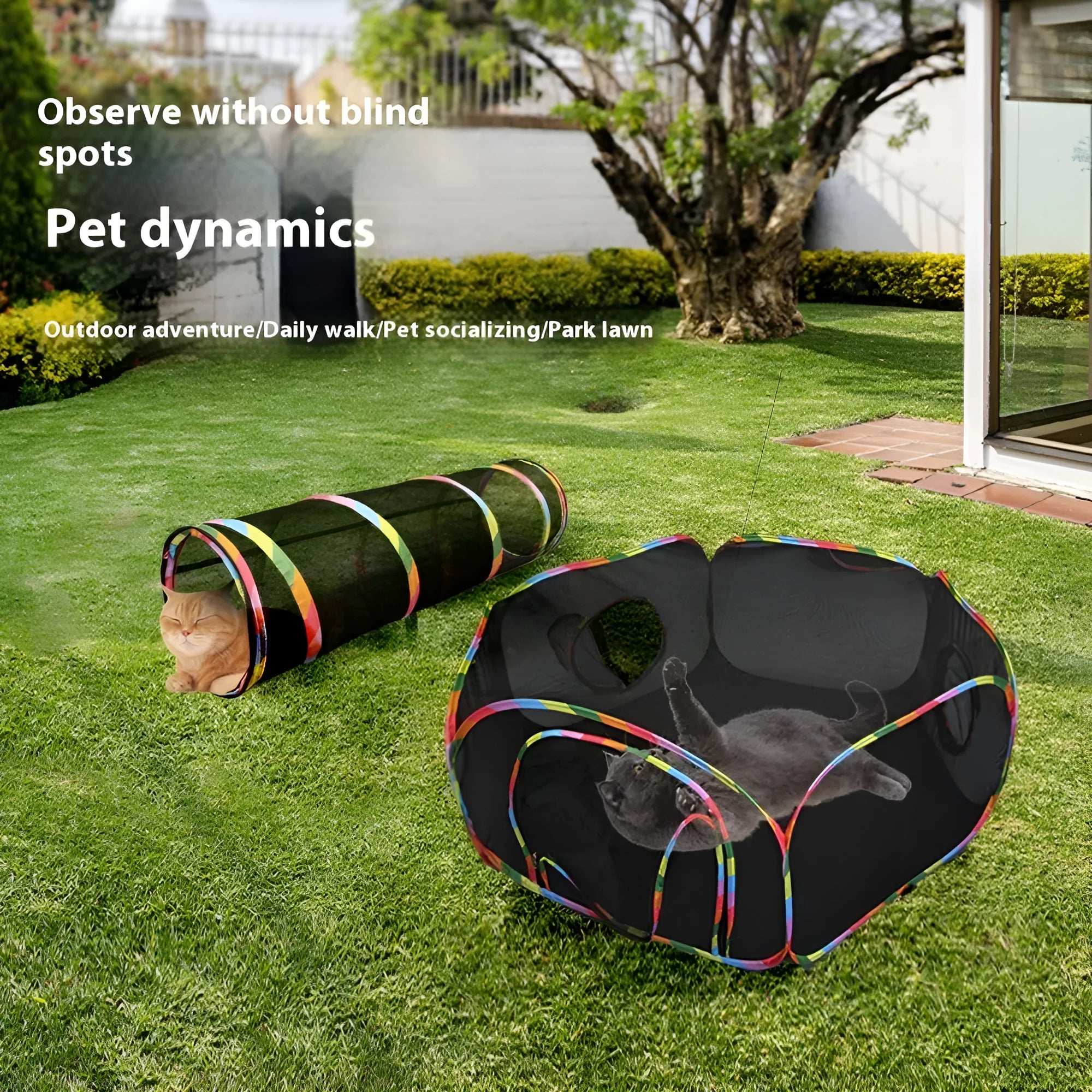 Foldable mesh cat roll cage toy showing multiple tunnel design options for indoor cat play