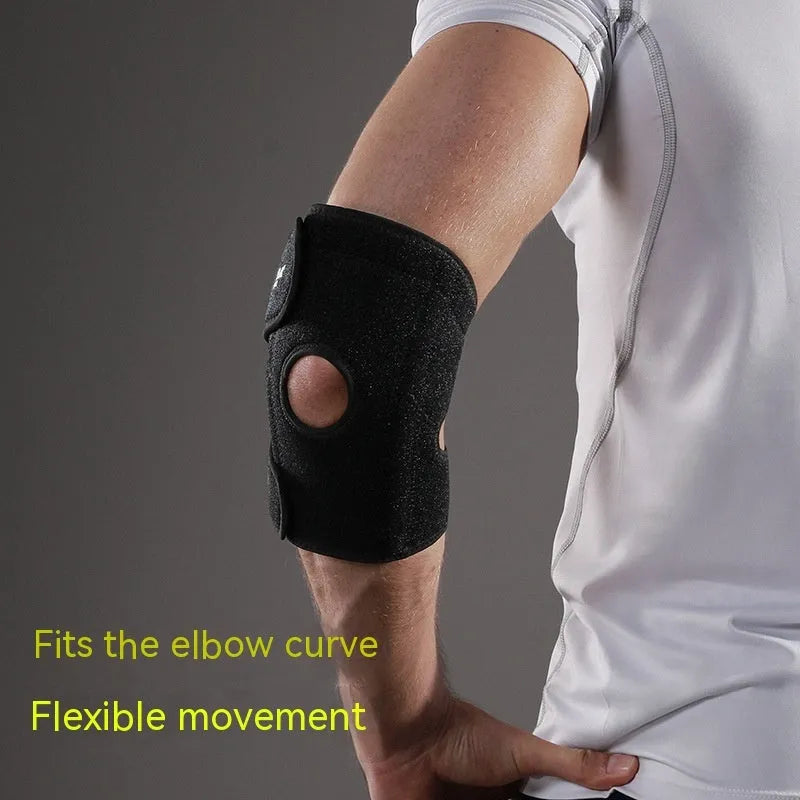 Black adjustable sports elbow guard for badminton, basketball, and training.
