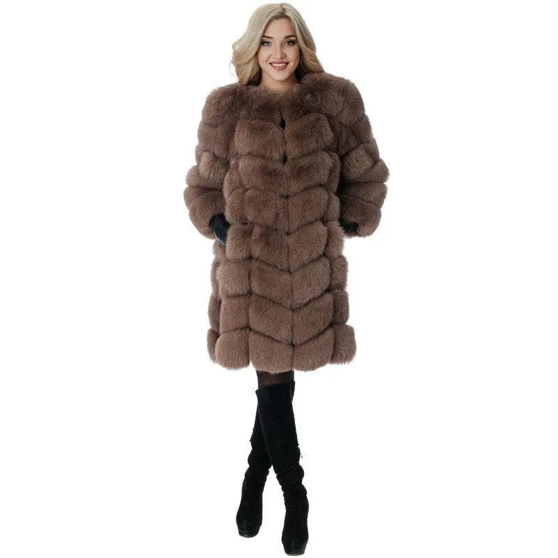 Women's long black artificial fur coat with 80cm length and regular sleeves.