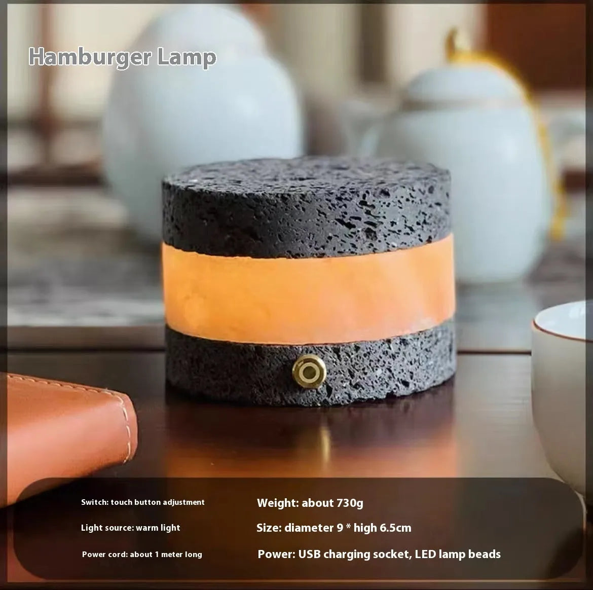 Orange volcanic rock USB night lamp with touch dimming and essential oil well, measuring 9cm by 7.5cm.