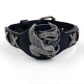 Black leather geometric bracelet with alloy eagle watch-butttom closure, showing varying widths along 26cm length