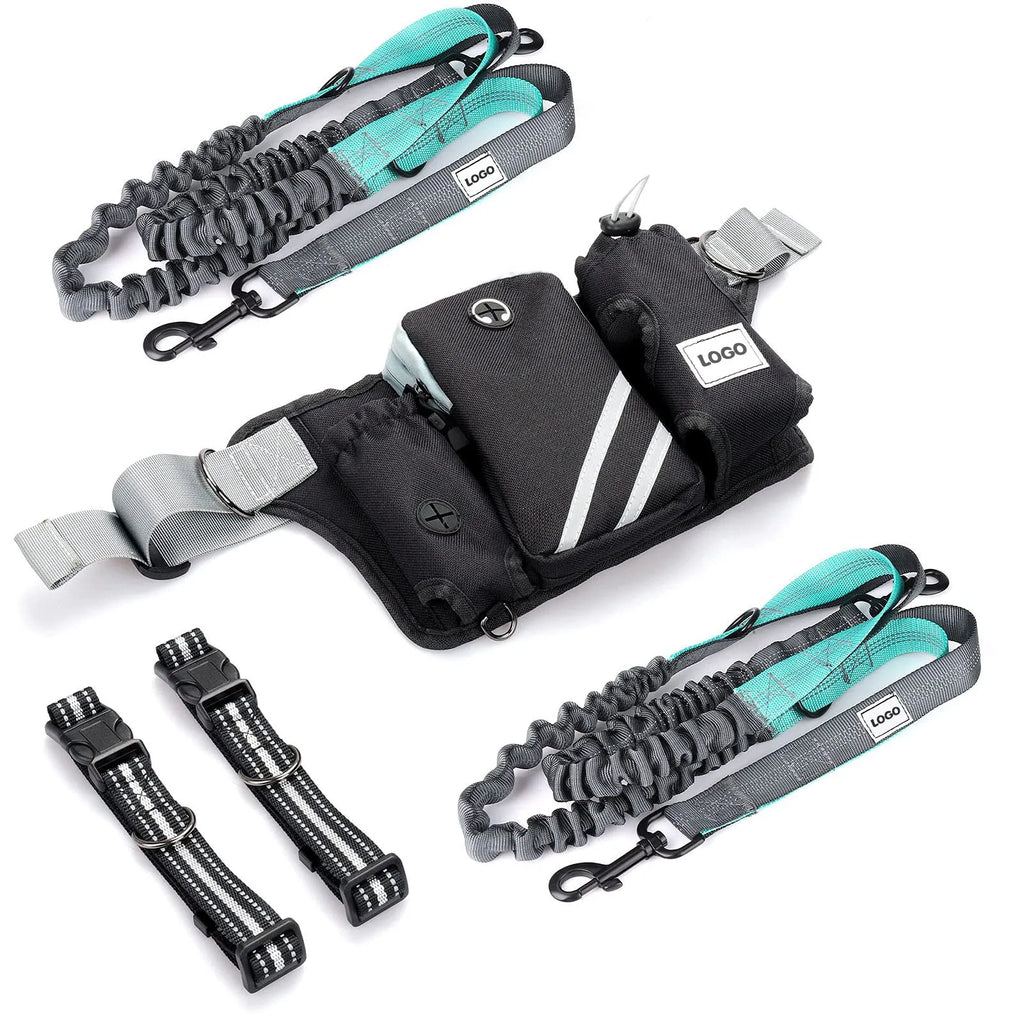 Black outdoor pet training waist bag with matching nylon leash and collar set for dog walking