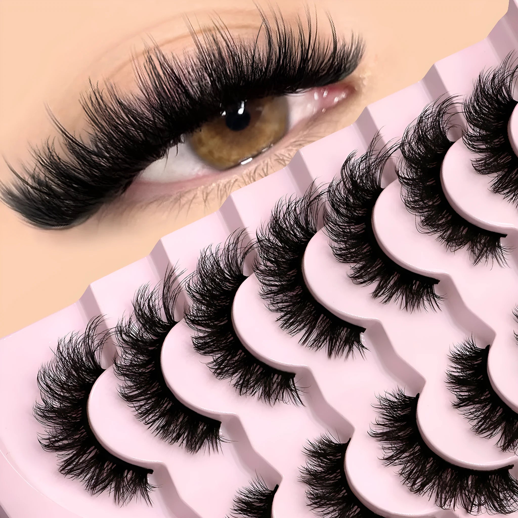 Box of natural false eyelashes with glue in thick dense style.