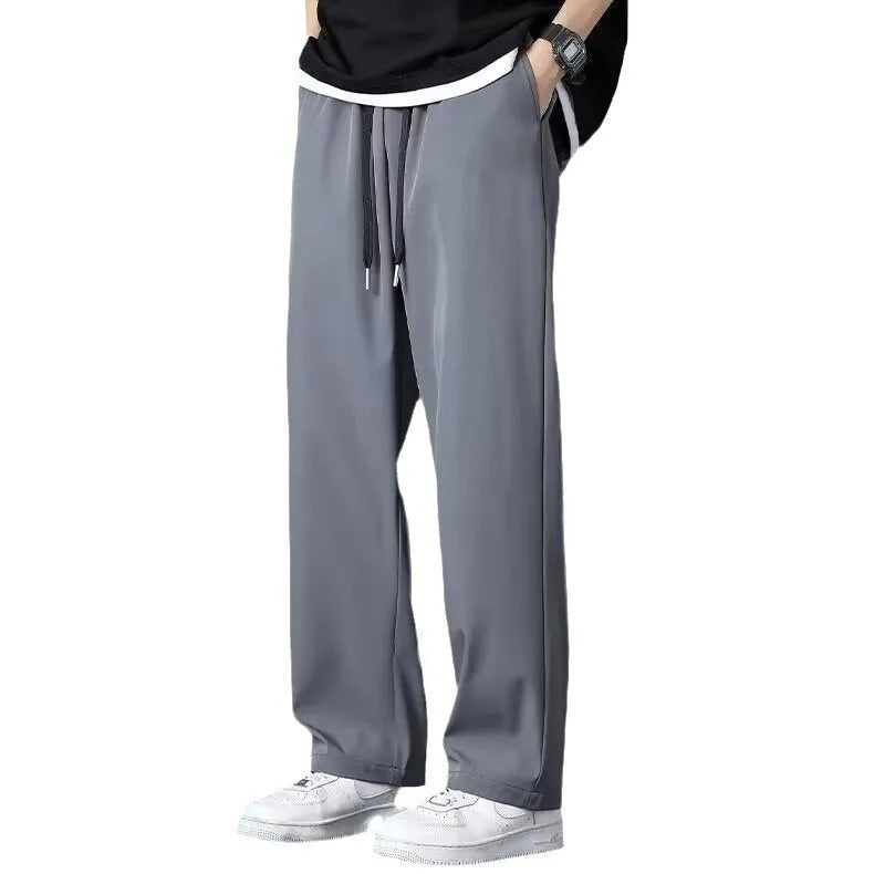 Men's ice silk summer thin high street drooping straight wide leg pants in khaki colour showing full-length relaxed fit