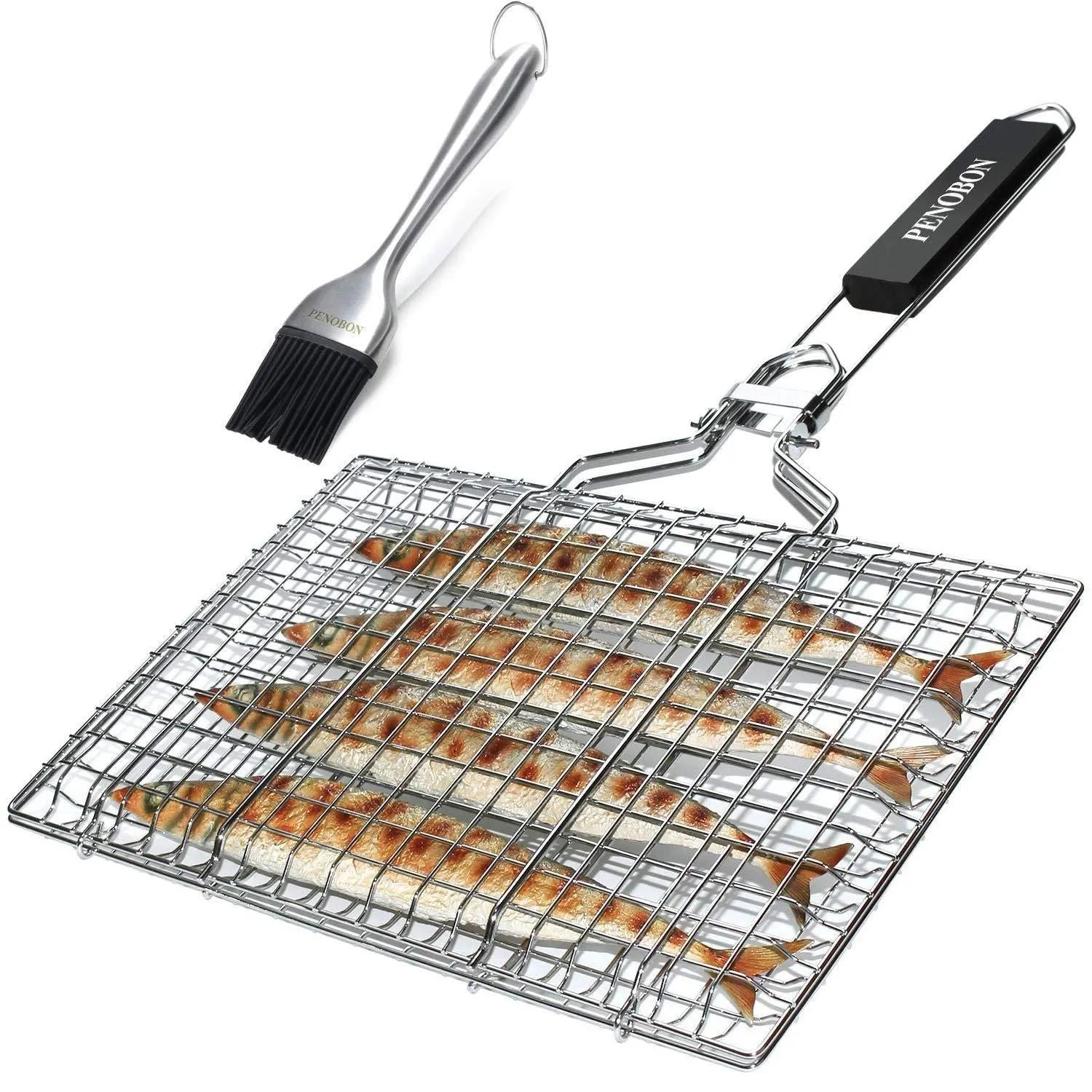 Square stainless steel folding barbecue mesh basket with a cleaning brush