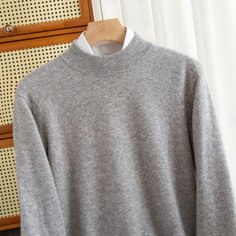 Men's loose fit half-turtleneck wool sweater in a rough yarn knit, shown in a range of colours.