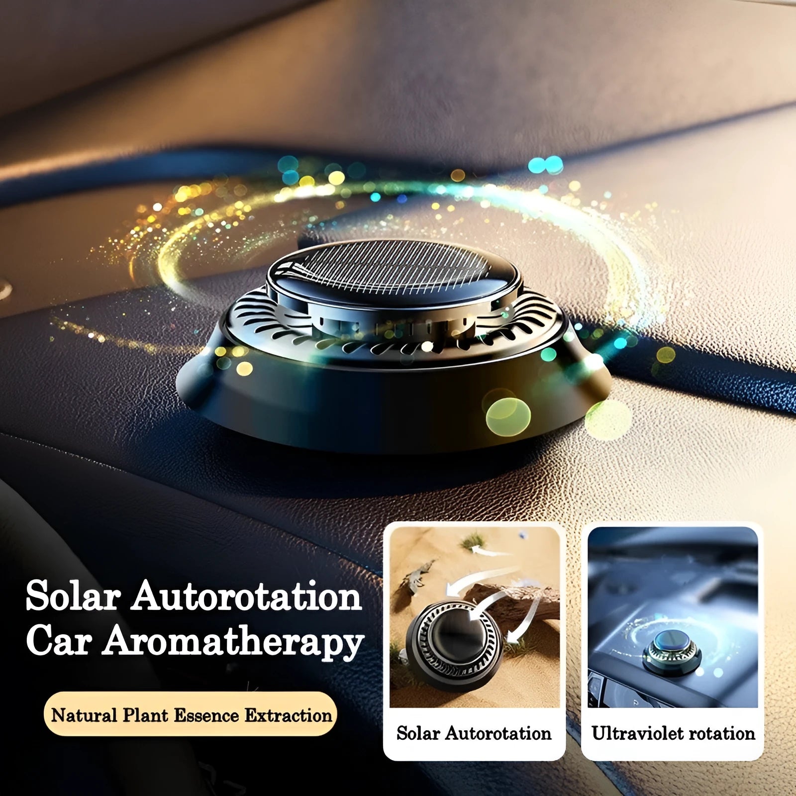 Solar-powered kinetic car air freshener with double-ring rotating mechanism in black plastic housing