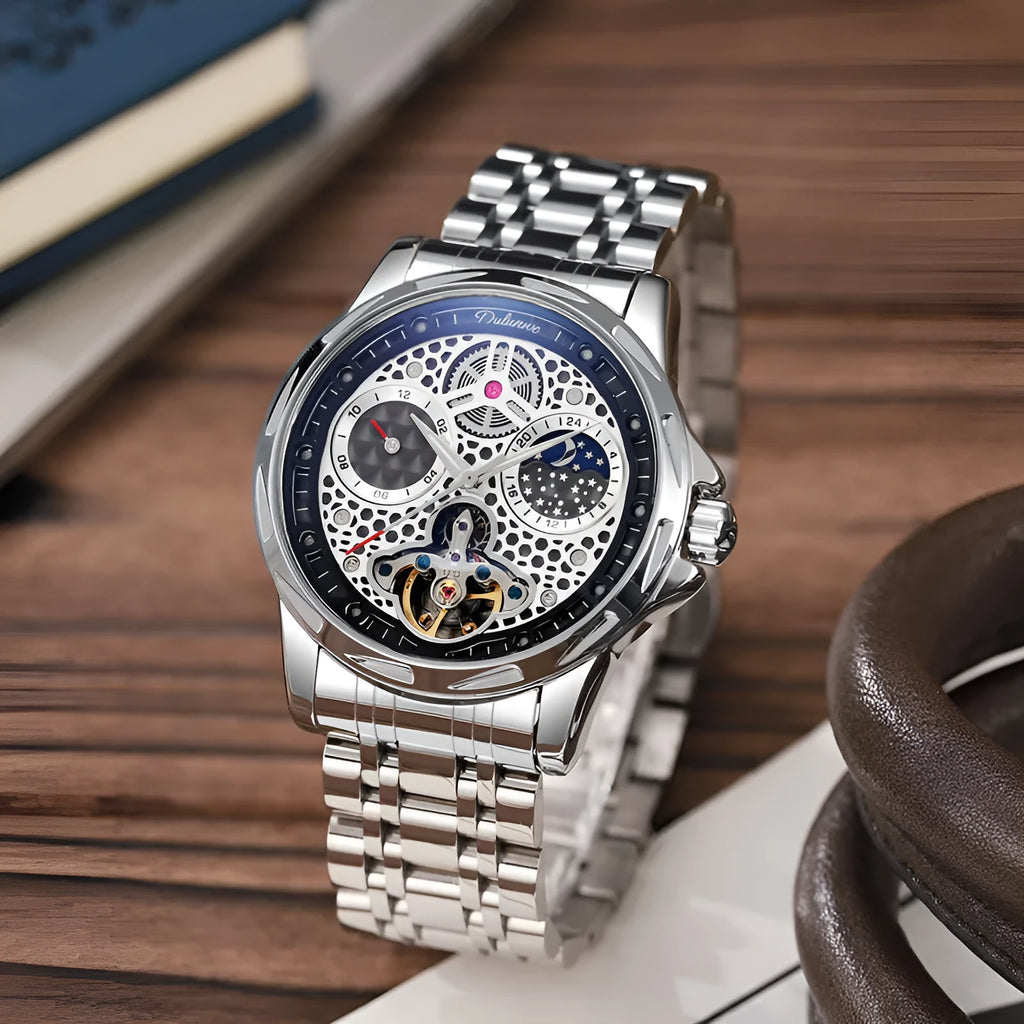 Men's automatic waterproof watch with luminous hands on a steel bracelet, showing a black dial in a 13mm thick case.