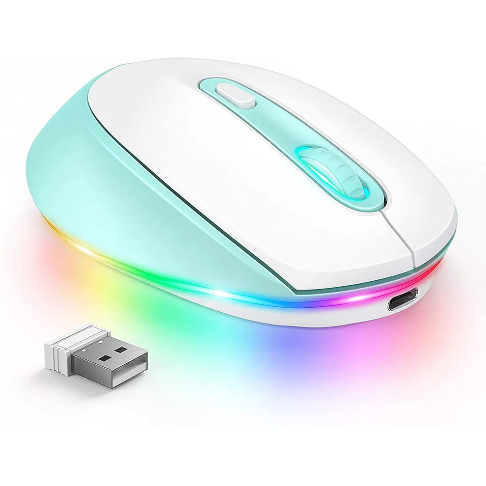 24g lightweight wireless ergonomic mouse for laptops in one of seven colour options, shown with its USB charging cable.