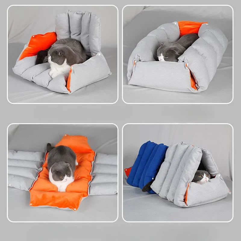 Blue triangular cat bed with removable cotton cover and side combination holes