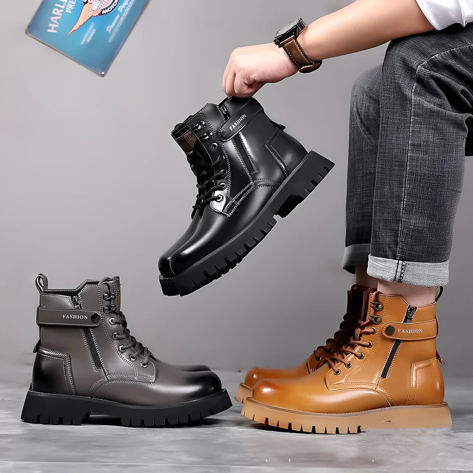 Men's light brown leather high-top Martin boots with side zipper and thick rubber sole