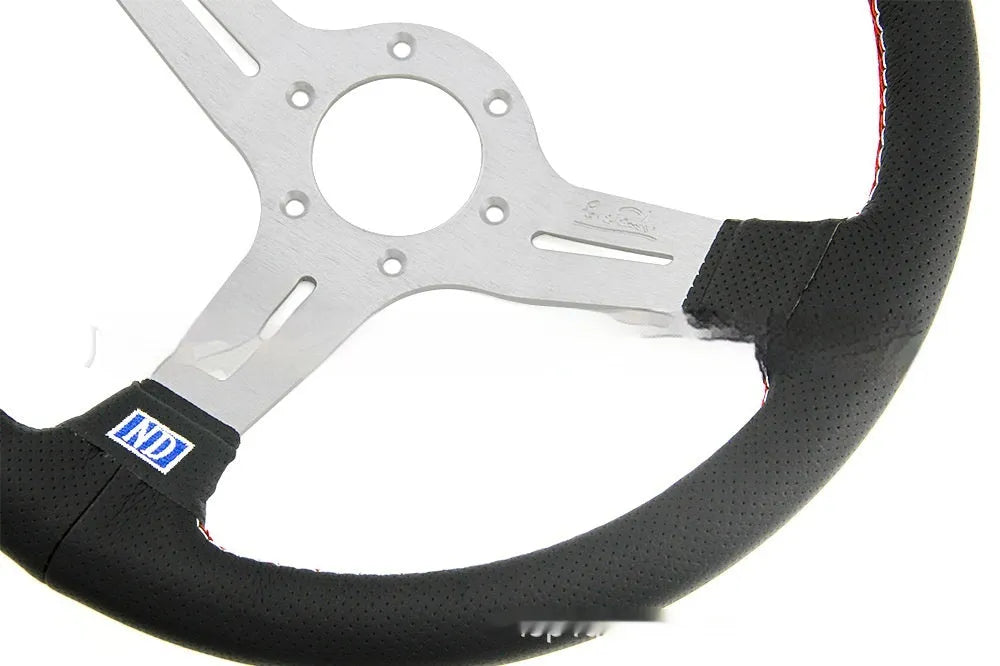 14-inch leather steering wheel with middle concave shape and silver black finish