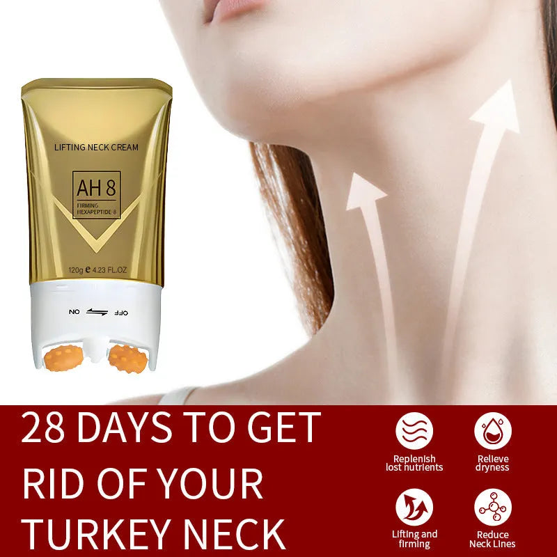 Roller neck cream container measuring 8.8cm wide with 120g firming moisturiser for wrinkle reduction