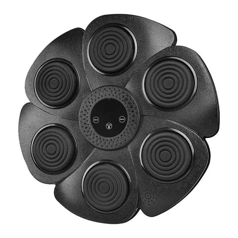 Black smart boxing target with LED lights and Bluetooth connectivity including half-finger gloves