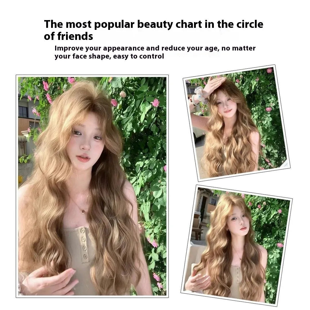 Brown linen long curly medium length wig with hair net on display