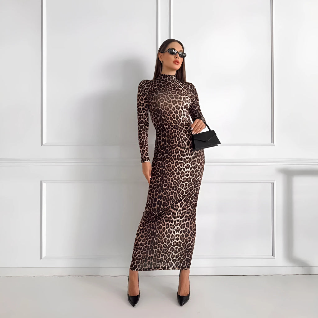 Leopard print long sleeve dress with stand collar and high-waisted knee-length skirt.