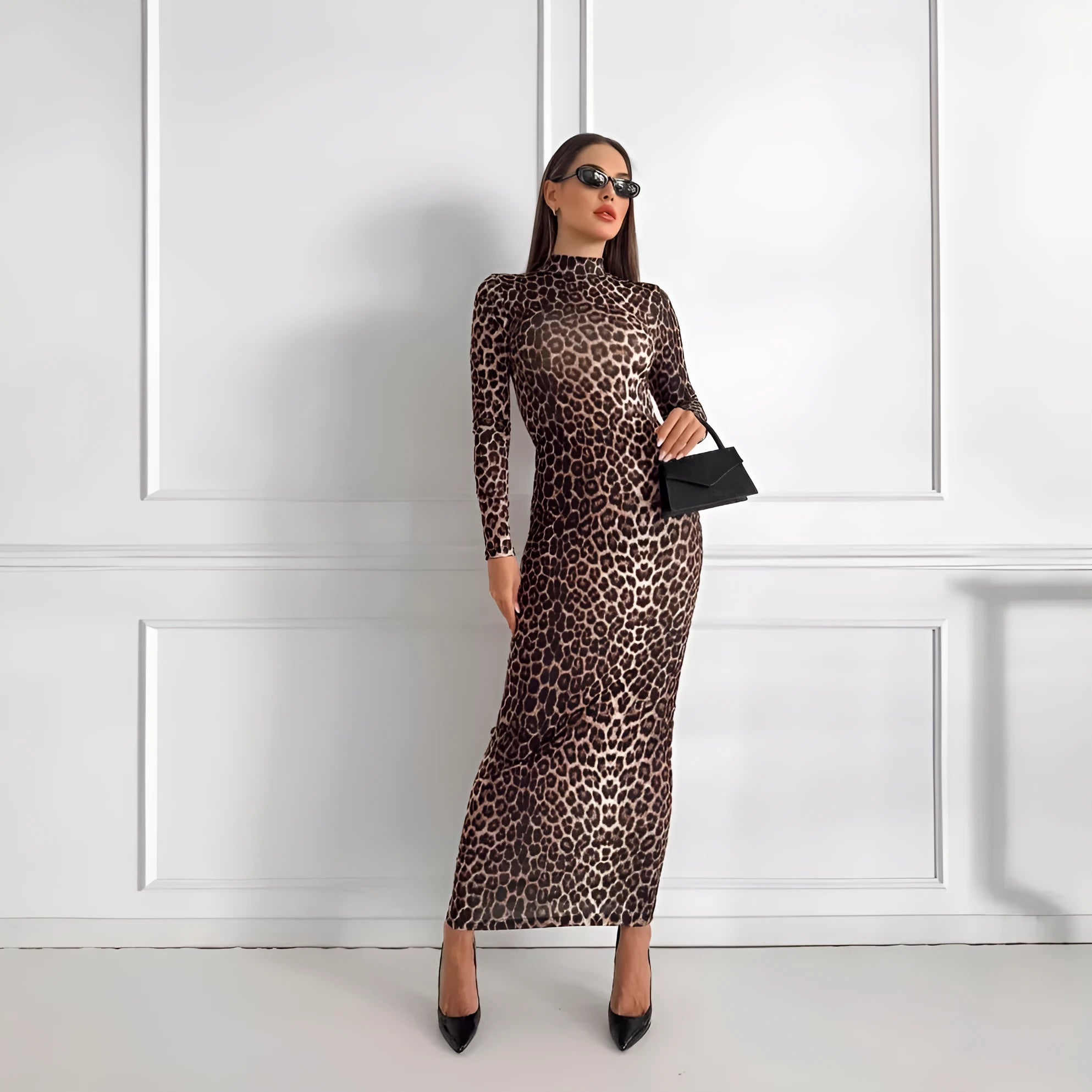 Leopard print long sleeve dress with stand collar and high-waisted knee-length skirt.