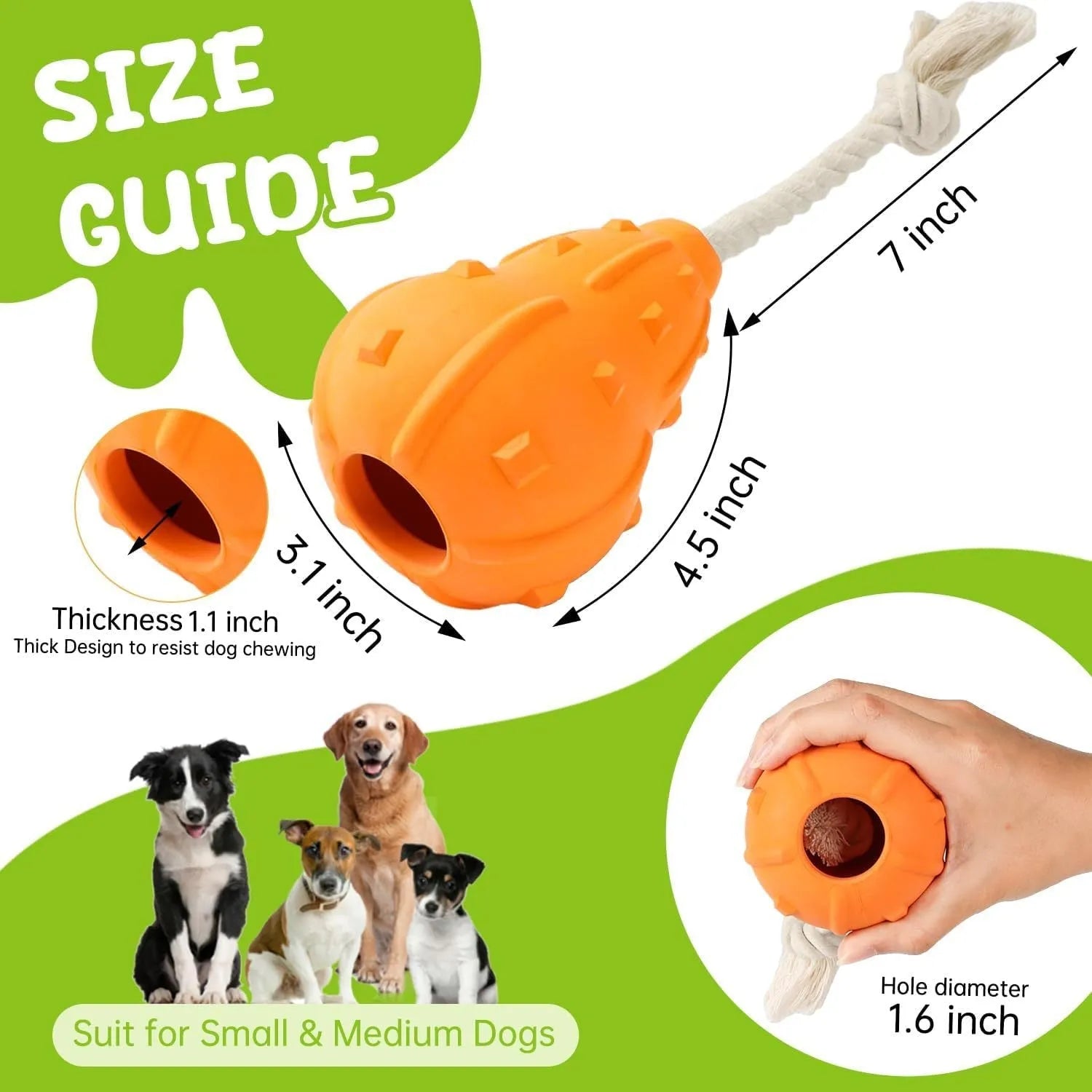 Natural rubber stuffable dog toy with a long strap for small to medium breed dogs.